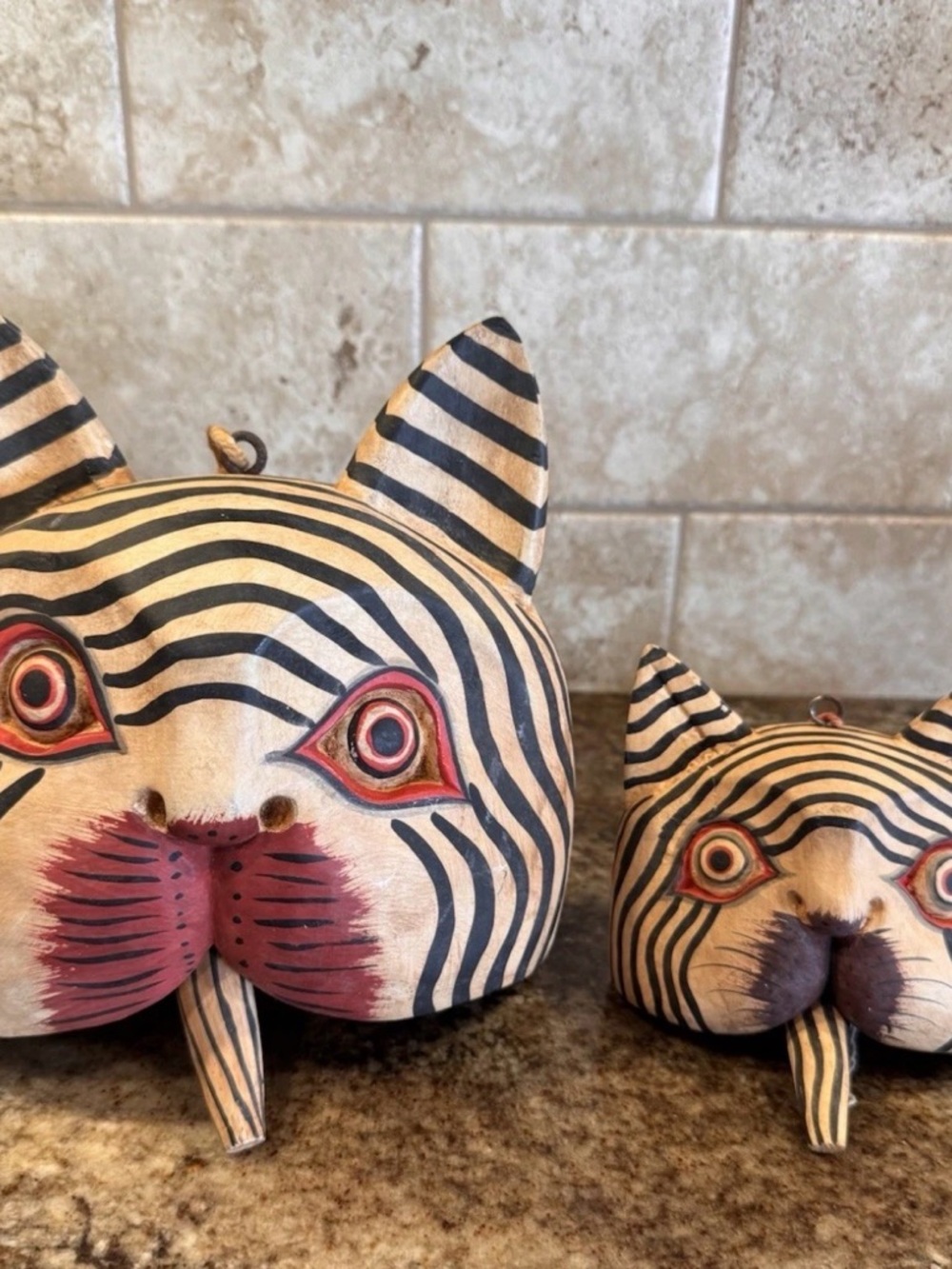 Handcrafted Striped Cat Figurine Set - Cream and Black